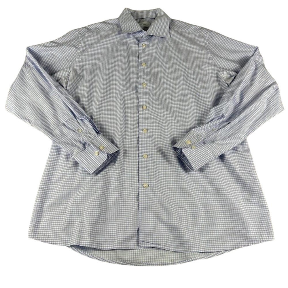 Eton Dress Shirt Mens XXL 18 46 Blue Gingham Cotton Contemporary Fit Long Sleeve